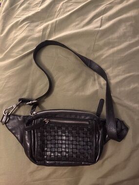 Black Leather Woven Crossbody Belt Bag - Women